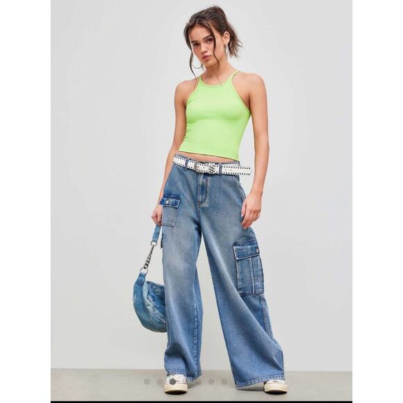 Cider Sz M Mid Rise Solid Wide Leg Cargo Jeans Skater Grunge - Picture 1 of 14